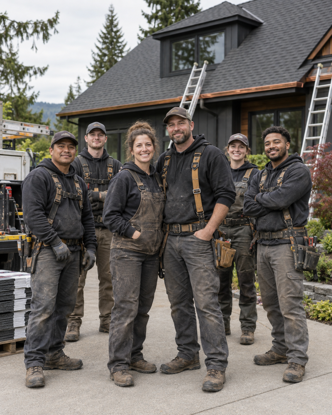 The fictional ACTION ROOFING, INC. founders and their roofing crew at a Torrance job site